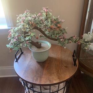 Vintage large Chinese Jade leaf & glass Cherry Blossom bonsai tree